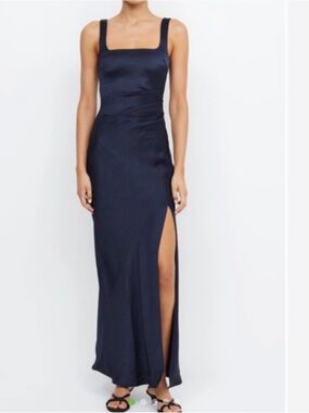 bec + bridge Navy Square-Neck Satin Maxi Dress with Thigh Slit